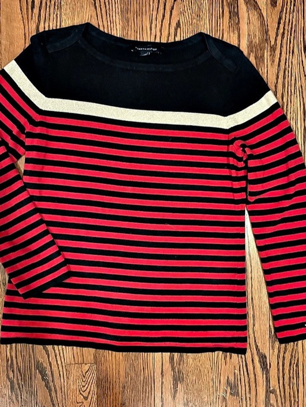 Tommy Hilfiger Striped Long Sleeve Top in Black & Red Size Medium